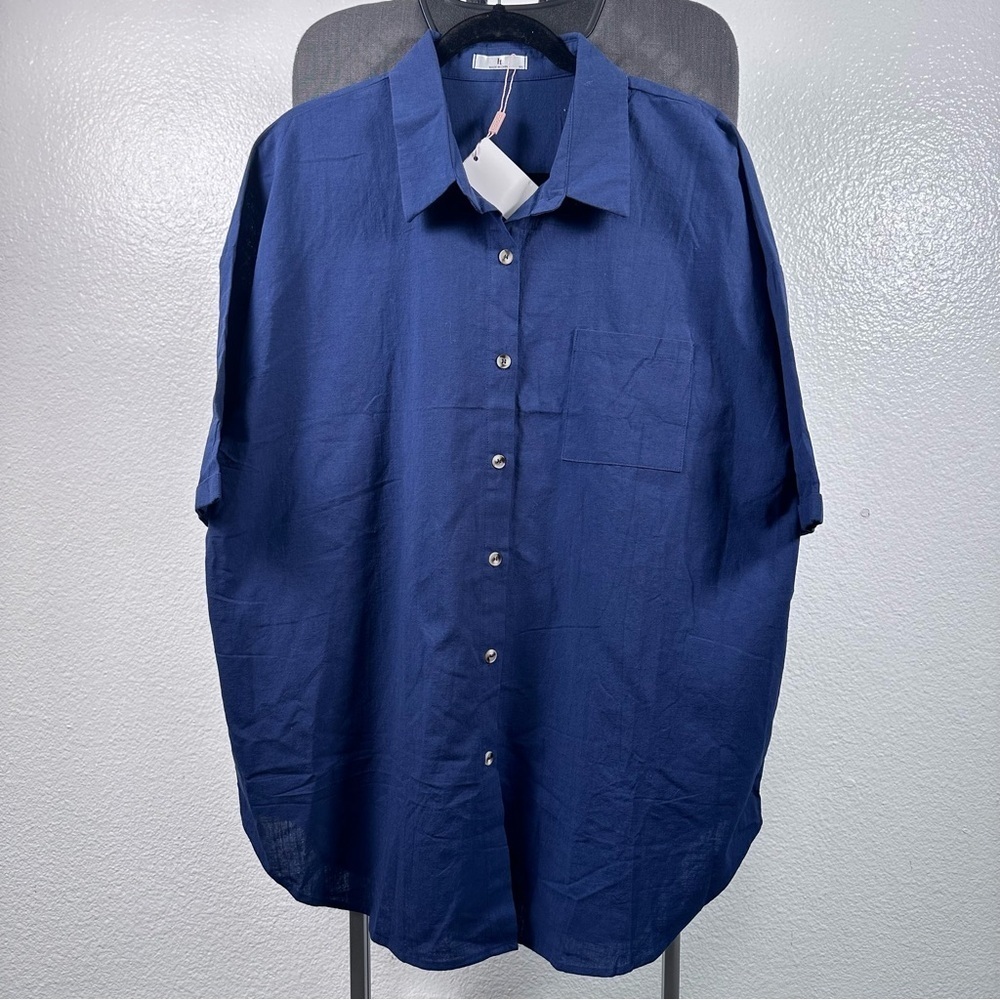 It Women’s Blue Front Button Down Short Sleeve 100% Cotton Top Blouse Size XXL